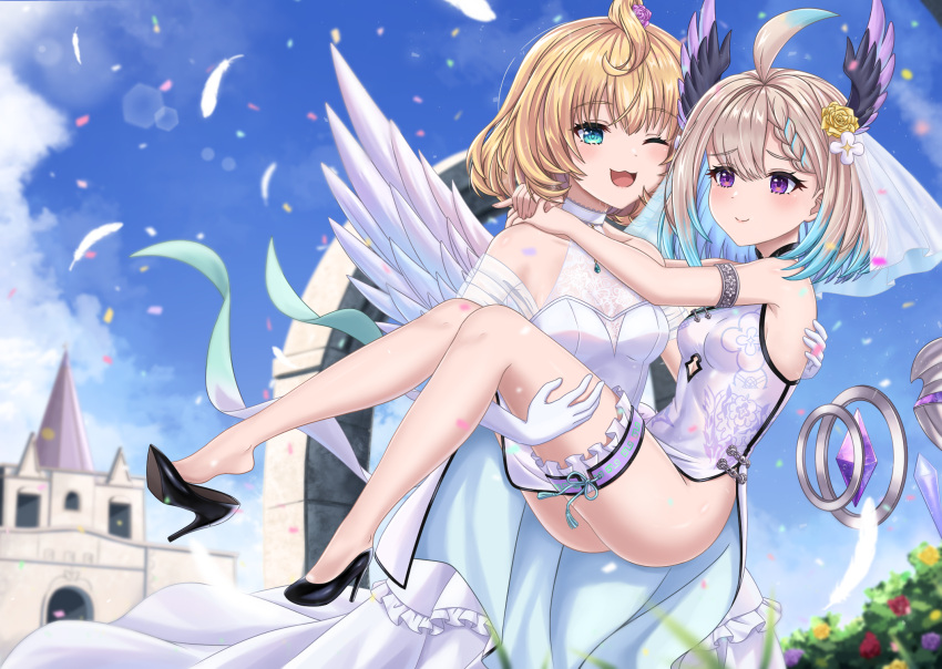 2girls ahoge armwear bare_ass bare_shoulders blonde_hair blue_eyes blue_hair blush bob_cut bottomless carrying carrying_partner chinese_clothes chinese_dress closed_eye cream_hair duo duo_female duo_focus enna_alouette exposed_shoulders eye_closed flowers flowers_in_hair gloves hair_accessory hair_wings head_wings heels hi_res high_heels highres legs light_blush mechanical_wings millie_parfait nijisanji nijisanji_en no_panties one_eye_closed purple_eyes short_hair side_braid two_tone_hair virtual_youtuber wedding wedding_dress wedding_gloves wings yellow_hair yuri