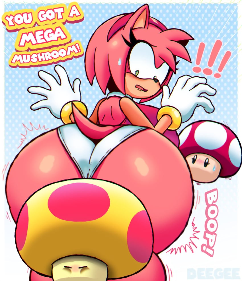 ! amy_rose ass ass_expansion big_breasts breasts crossover deegee devilishcentral expansion female fur hedgehog huge_ass large_ass mario_(series) mega_mushroom motion_lines mushroom nintendo power_up sega sonic_(series) sound_effects super_mario_bros. text video_games wide_hips