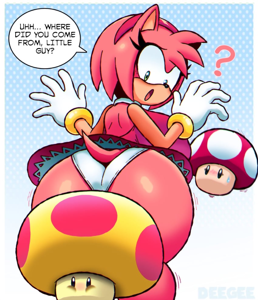 ? amy_rose ass big_ass big_breasts breasts crossover deegee devilishcentral female fur hedgehog mario_(series) mega_mushroom motion_lines mushroom nintendo pantyshot power_up sega sonic_(series) speech_bubble super_mario_bros. video_games wide_hips