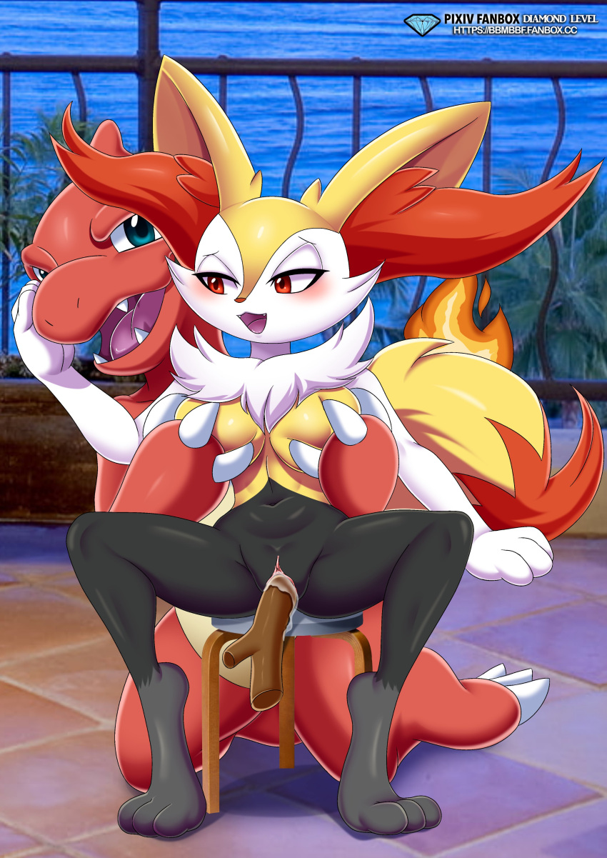 anthro anthro_on_anthro bbmbbf blush braixen breasts charmeleon diamond_level female fox furry grabbing_breasts male male/female nintendo object_insertion open_mouth palcomix pietros_secret_club pokemon pokemon_(species) pokepornlive pussy scalie stick stick_in_pussy tongue