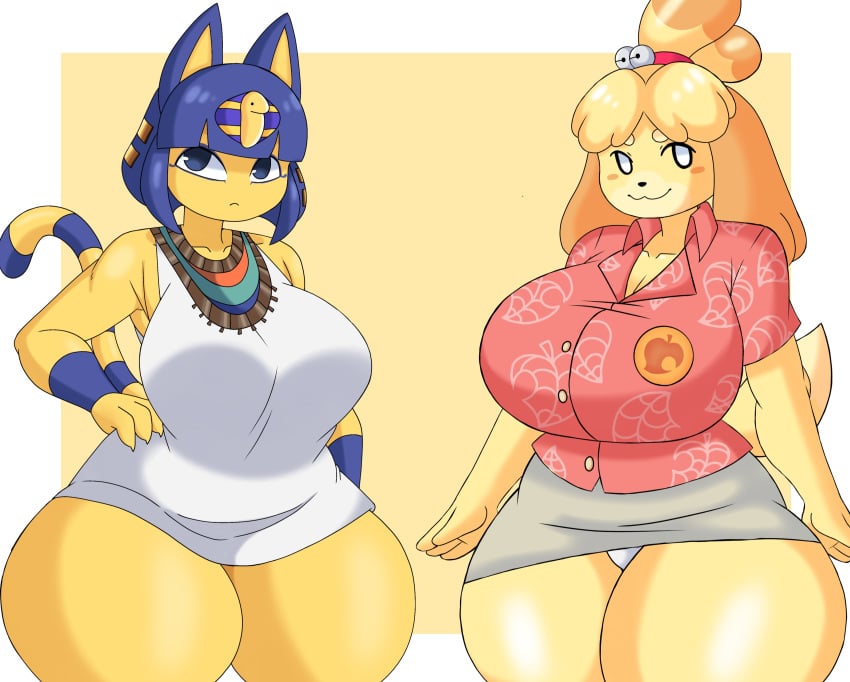 2023 2girls animal_crossing animal_crossing_new_horizons ankha anthro bell_hair_tie big_breasts blonde_hair blue_eyes blue_hair bob_cut breasts canine cat_ears cat_girl cat_tail cleavage clothed clothing dog_ears dog_girl dog_tail dress duo feline female female_only fur furry furry_only hawaiian_shirt hi_res huge_breasts inusenchou isabelle_(animal_crossing) looking_at_viewer medium_blue_hair medium_hair miniskirt necklace nintendo panties tail thick_thighs thunder_thighs white_eyes wide_hips