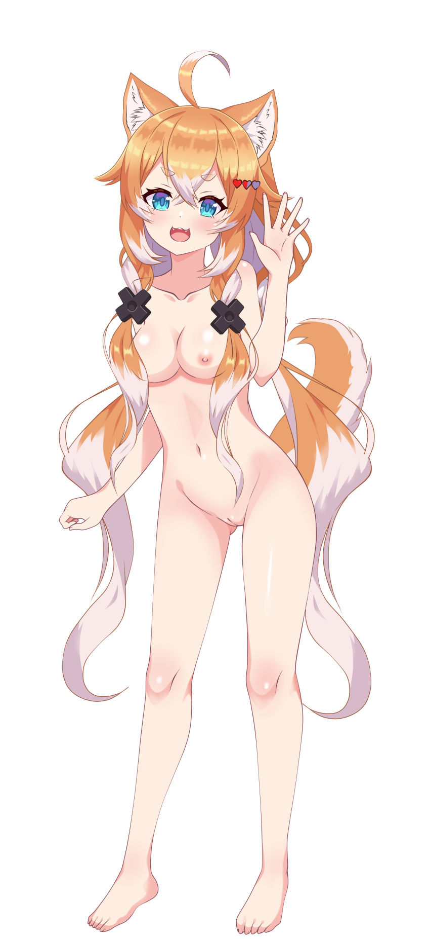 1girls absurdres achmad_faisal ahoge animal_ears barefoot blue_eyes breasts brown_hair dog_ears dog_girl dog_tail e-sekai female hair_between_eyes hair_ornament heart heart_hair_ornament highres idol-en idol_corp light-skinned_female light_skin navel nipples open_mouth pochi_wanmaru pussy simple_background solo standing tail two_tone_hair uncensored very_long_hair virtual_youtuber vtuber waving white_background white_hair