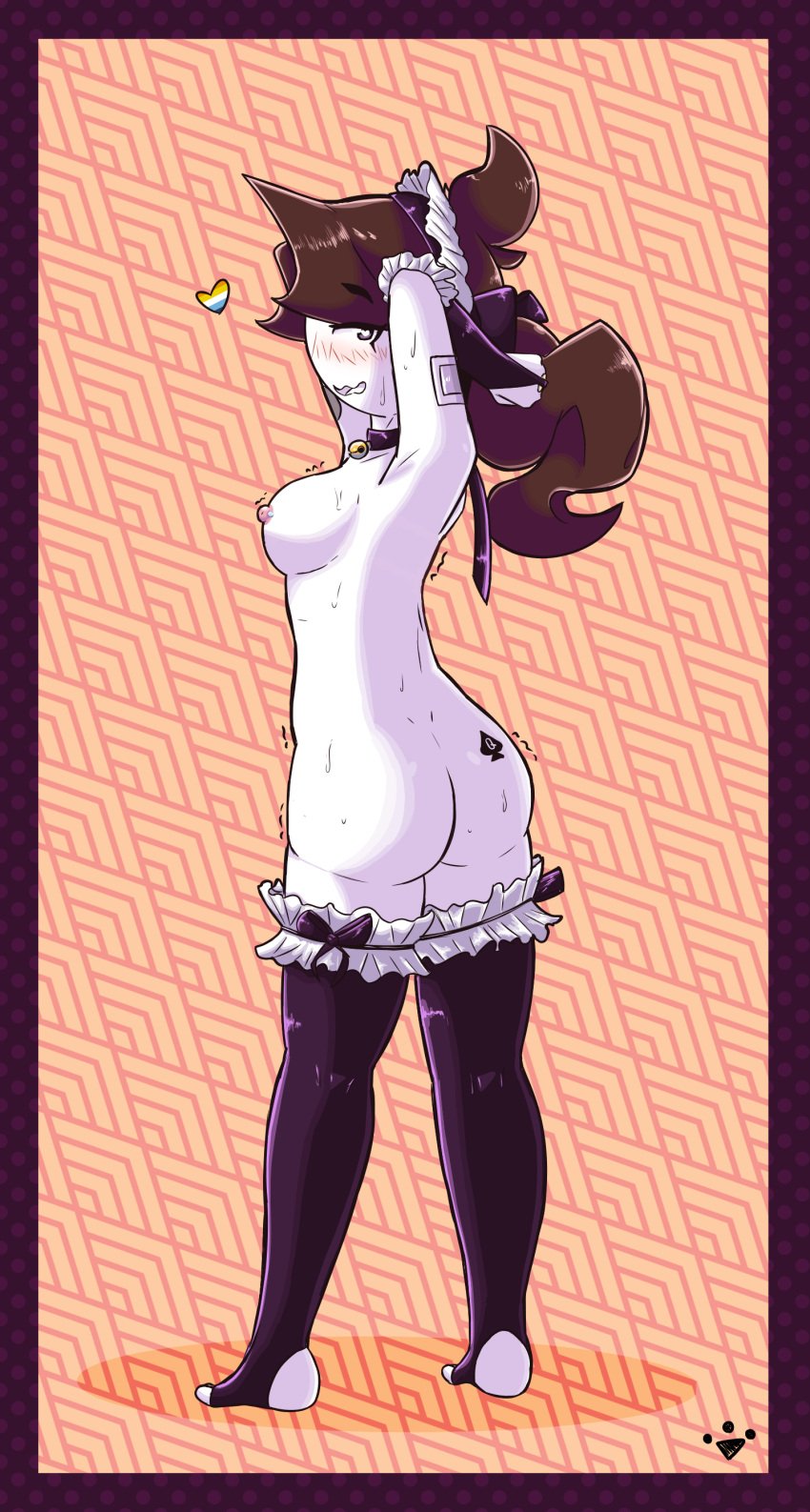 2d alternate_version_at_source arm_sleeves arms_behind_head aroace aroace_pride_colors asexual ass bell_collar blush brown_hair heart heart-shaped_pupils jaiden jaiden_animations long_hair looking_at_viewer looking_back maid_headdress medium_breasts nieldacan pierced_nipples pride_colors queen_of_spades sweat tagme thighhighs trembling white-skinned_female white_skin youtube youtuber