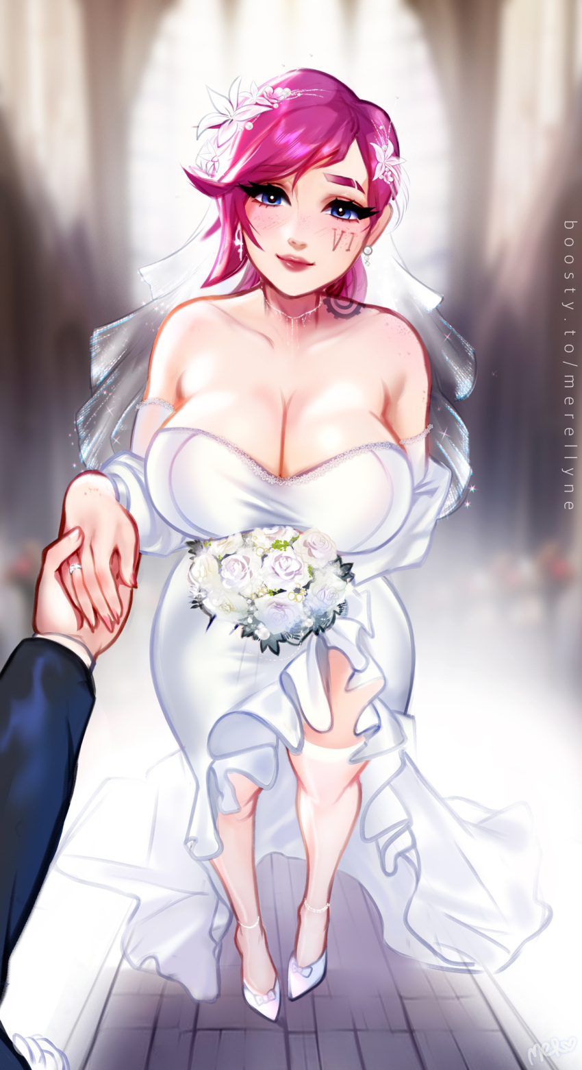 1boy 1girls 2020s 2023 artist_name big_breasts blue_eyes blurry_background blush blush bouquet breasts breasts_focus commission exposed_shoulders eyebrow_scar eyebrows_visible_through_hair eyelashes_visible_through_hair face_tattoo female female_focus flower flower_in_hair flowers high_heel_boots high_heels holding_bouquet holding_flowers holding_hand large_breasts league_of_legends light-skinned_female light_skin looking_at_viewer male male_pov medium_hair merellyne pink_hair pov pov_eye_contact riot_games shoulder_tattoo smiling smiling_at_viewer stockings vi wedding_attire wedding_dress wedding_ring wedding_veil white_dress white_high_heels white_high_heels_boots white_stockings wholesome