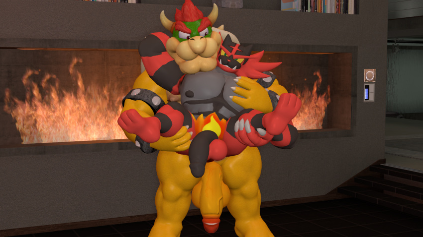 16:9 2boys 3d_(artwork) anthro arm_around_neck armband armwear balls bara big_balls big_hands big_penis black_penis bowser bracelet claws clothing digital_media_(artwork) duo feet feet_in_air felid feline fingers fire fireplace flaccid front_view fur gay generation_7_pokemon genitals hair handwear hi_res holding_chest holding_leg holding_partner horn huge_balls huge_cock humanoid humanoid_genitalia humanoid_penis incineroar jewelry koopa larger_male legs_up looking_at_another male male/male male_only mammal mario_(series) multicolored_body multicolored_fur muscular muscular_anthro muscular_male nintendo nipples nude pec_grab pecs penis pokemon pokemon_(species) red_hair saggy_balls scalie size_difference source_filmmaker spiked_armband spiked_bracelet spikes standing temrix vein veiny_penis widescreen