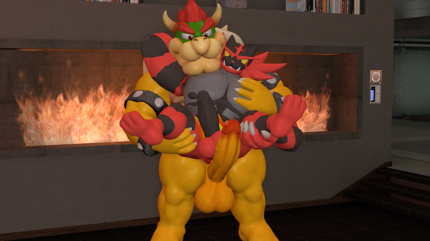 16:9 2boys 3d_(artwork) anthro arm_around_neck armband armwear balls bara big_balls big_hands big_penis black_penis bowser bracelet claws clothing digital_media_(artwork) duo erection feet feet_in_air felid feline fingers fire fireplace front_view fur gay generation_7_pokemon genitals grinding hair handwear hi_res holding_chest holding_leg holding_partner horn huge_balls huge_cock humanoid humanoid_genitalia humanoid_penis incineroar jewelry koopa larger_male legs_up looking_at_genitalia male male/male male_only mammal mario_(series) multicolored_body multicolored_fur muscular muscular_anthro muscular_male nintendo nipples nude pec_grab pecs penis pokemon pokemon_(species) red_hair saggy_balls scalie size_difference smile source_filmmaker spiked_armband spiked_bracelet spikes standing temrix vein veiny_penis widescreen