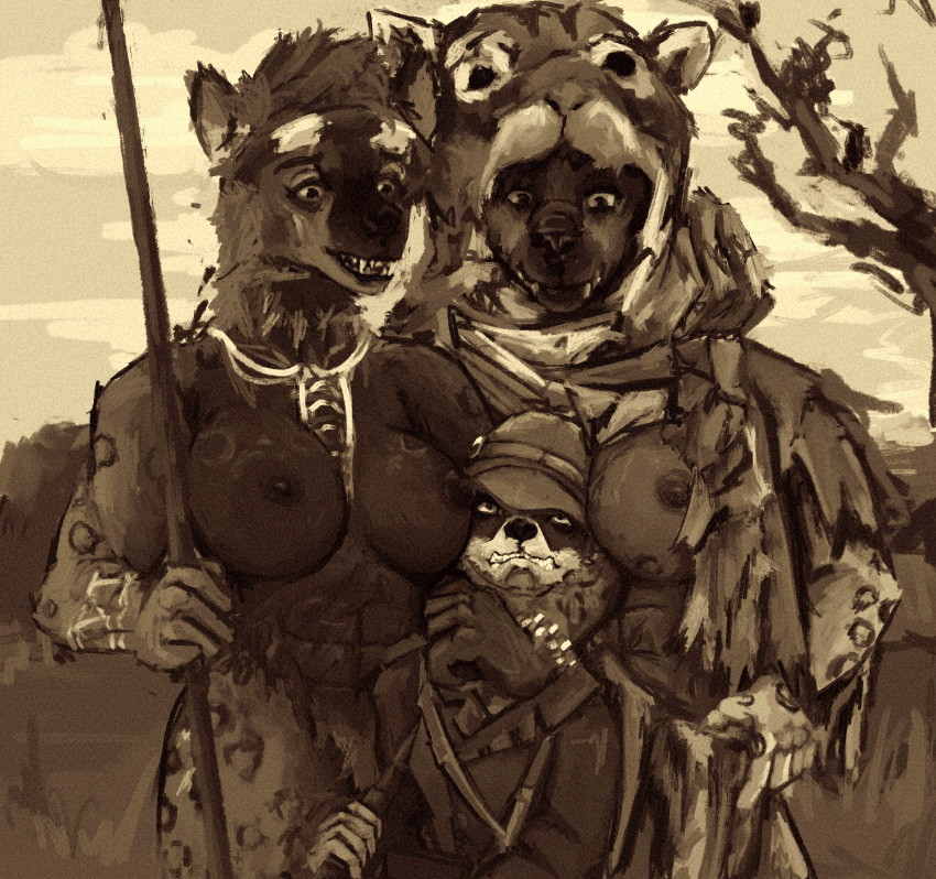 1boy 2girls 2girls1boy abs accessory anon2000000 anthro areola arm_tattoo armor biceps big_breasts biped blush breast_play breast_size_difference breasts canid canine casual_nudity clawed_fingers claws clenched_teeth clothed clothed_anthro clothed_female clothing colonialism digital_media_(artwork) digital_painting_(artwork) dominant dominant_female exposed_breasts eyebrows face_on_breast facial_tuft fangs female female/female fingers forced fox fur fur_pelt fur_tuft grainy group gun hair head_lock headband headgear helmet hi_res holding_gun holding_object holding_weapon huge_breasts hyena interspecies jacket jewelry mammal markings melee_weapon monochrome mostly_nude muscular muscular_anthro muscular_female necklace nipples nonsexual_nudity nude nude_female open_mouth open_smile outside partially_clothed plant polearm pubic_hair_peek ranged_weapon ring_(marking) savanna scared scarf scarf_only sepia shirt size_difference sky smile spear spots standing submissive submissive_male tattoo teeth topwear tree tribal tribal_clothing tribal_jewelry tribal_markings tribal_outfit trio trio_focus tuft upset warrior weapon