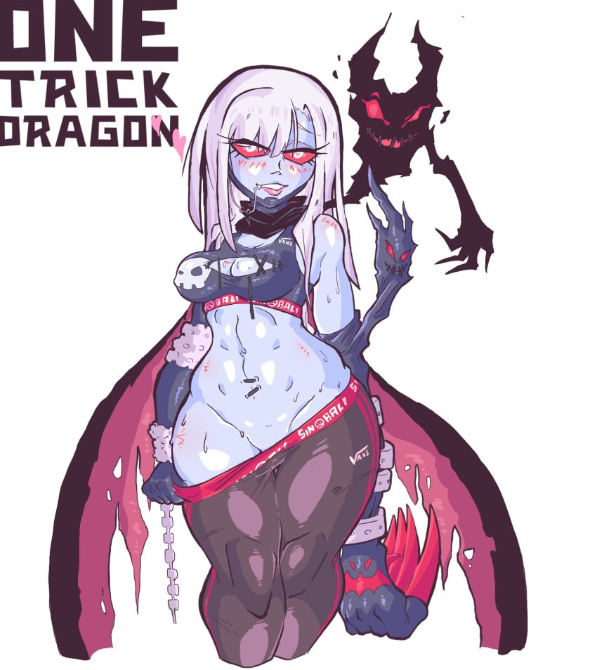 claws cleavage demon demon_girl devil digimon digimon_(species) fangs grey_skin ladydevimon long_claws long_hair looking_at_viewer onetrickdragon pink_lipstick pulling_down_pants red_eyes ripped_bra solo stiches thick_thighs tight_clothing white_background white_hair wings yoga_pants