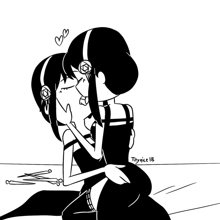 2girls assassin black_and_white black_hair cartoony cuddle cuddling female female_only hug kissing lesbian_kiss monochrome multiple_girls on_bed selfcest sitting_on_lap spy_x_family tagme titynice18 tongue_kiss yor_briar yor_forger yuri