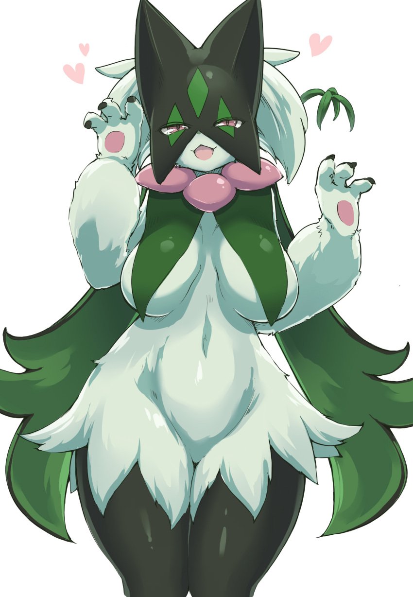 anthro breasts cat_paws cute cute_face demekyon female female_only furry furry_female green_fur heart highres large_breasts mask meowscarada no_humans pokémon_(species) pokemon pokemon_sv purple_eyes solo_female thick_thighs thighs white_background wide_hips