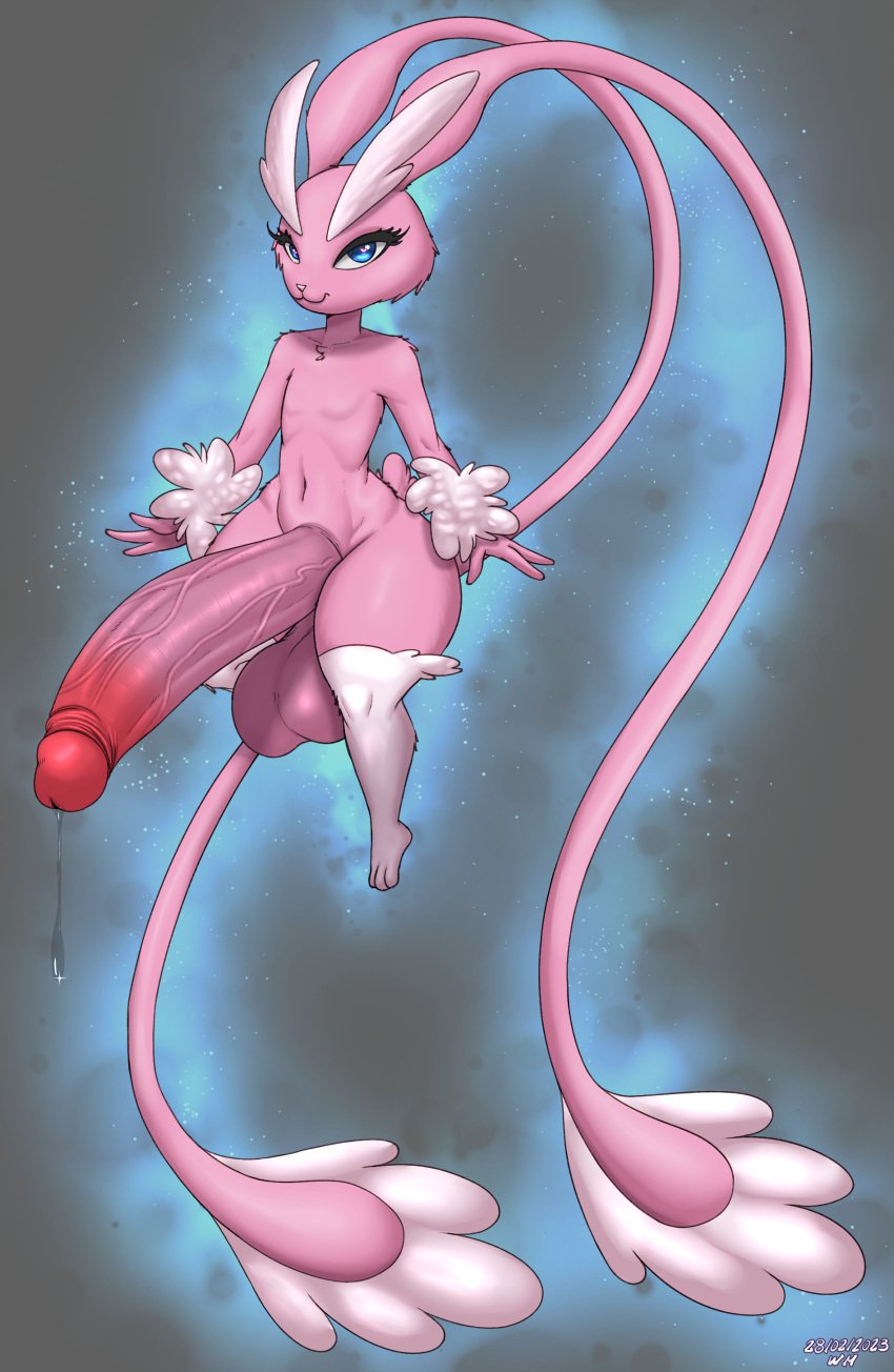 absurd_res anthro balls big_penis blue_eyes bodily_fluids femboy fur generation_4_pokemon genital_fluids genitals girly hi_res huge_cock hung_trap hybrid hyper hyper_genitalia hyper_penis lopunny male male_only mew nintendo penis pink_body pink_fur pokefusion pokemon pokemon_(species) precum short_stack thick_thighs wide_hips wolfmask