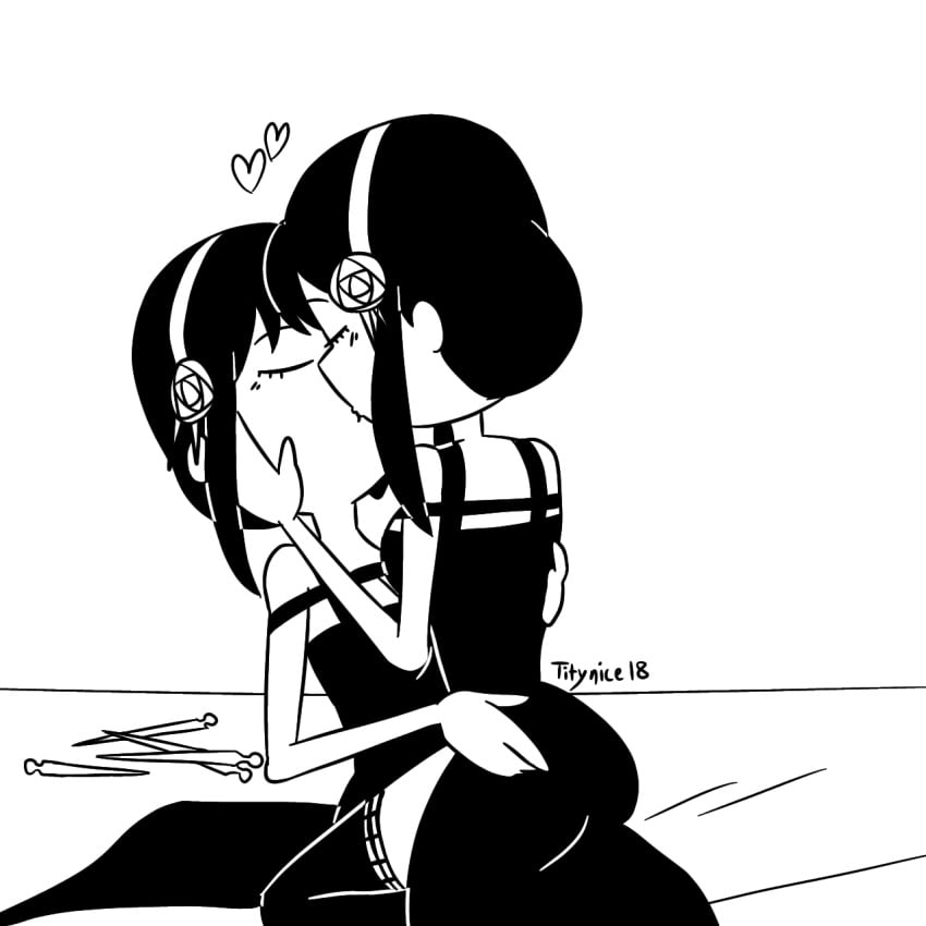 assassin black_and_white black_hair cartoony cuddle cuddling cute hug kissing lesbian_kiss on_bed selfcest sitting_on_lap spy_x_family titynice18 white_background yor_briar yor_forger yuri yuri