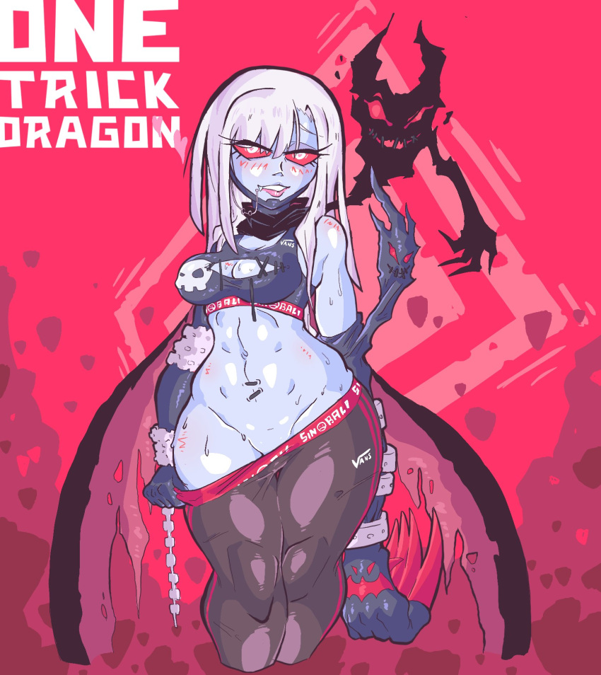 claws cleavage demon demon_girl devil digimon digimon_(species) fangs grey_skin ladydevimon long_claws long_hair looking_at_viewer onetrickdragon pink_lipstick pulling_down_pants red_eyes ripped_bra solo stiches thick_thighs tight_clothing white_hair wings yoga_pants