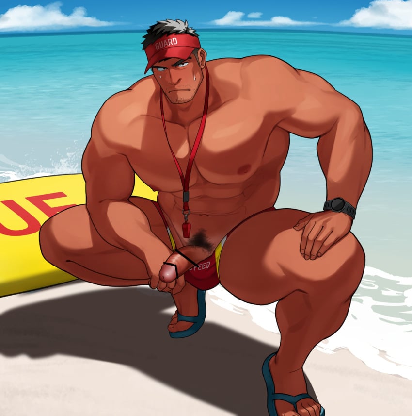 1boy abs bar_censor bara beach black_hair bodyguard censored day erection flip-flops highres large_pectorals lifeguard male male_focus male_only male_pubic_hair male_swimwear male_swimwear_pull muscular muscular_male navel nipples original outdoors pectorals penis pubic_hair red_male_swimwear sakuramaru123 sakuramarusan sandals short_hair sky solo squatting swim_trunks tanline thick_thighs thighs ticktock visor_cap watch water wristwatch