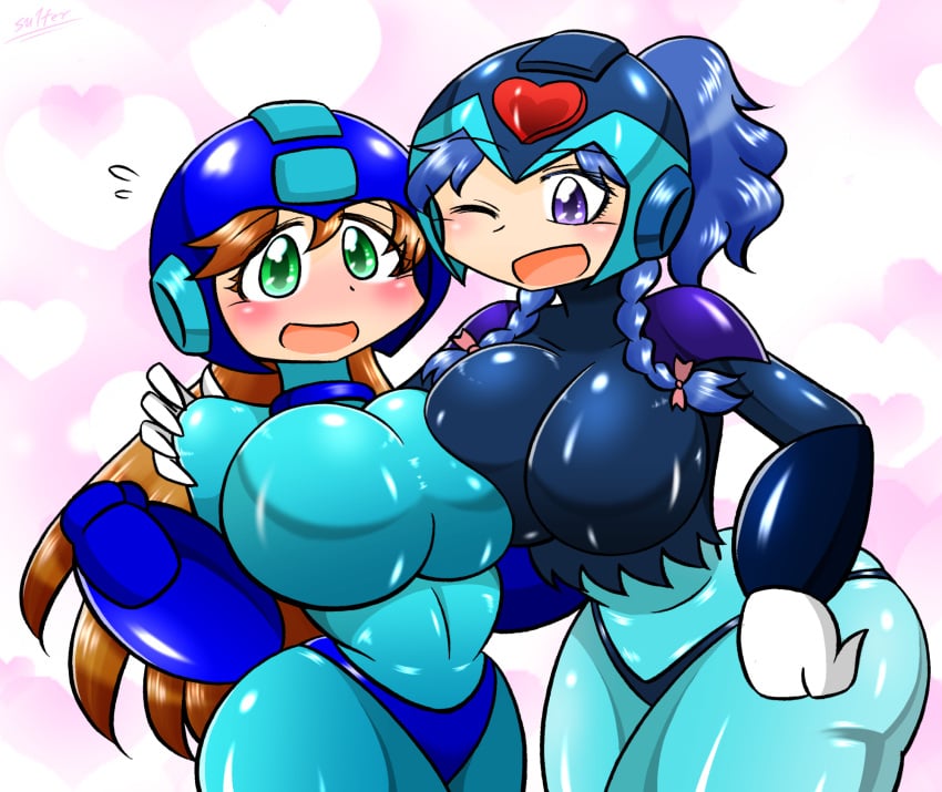 2girls asymmetrical_docking big_breasts bodysuit mega_man mega_man(classic) mega_man_(character) mega_man_x oc original_character roco_(sulfer-kokegitsune) rule_63 sulfer-kokegitsune tagme x_(mega_man)