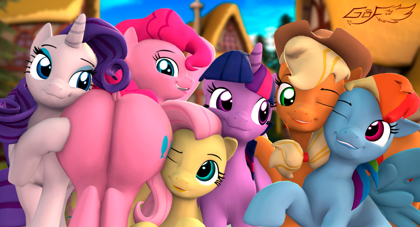 3d 6+girls applejack_(mlp) ass female_focus feral fluttershy_(mlp) godoffury mane_six_(mlp) my_little_pony my_little_pony_friendship_is_magic pinkie_pie_(mlp) pony rainbow_dash_(mlp) rarity_(mlp) twilight_sparkle_(mlp)