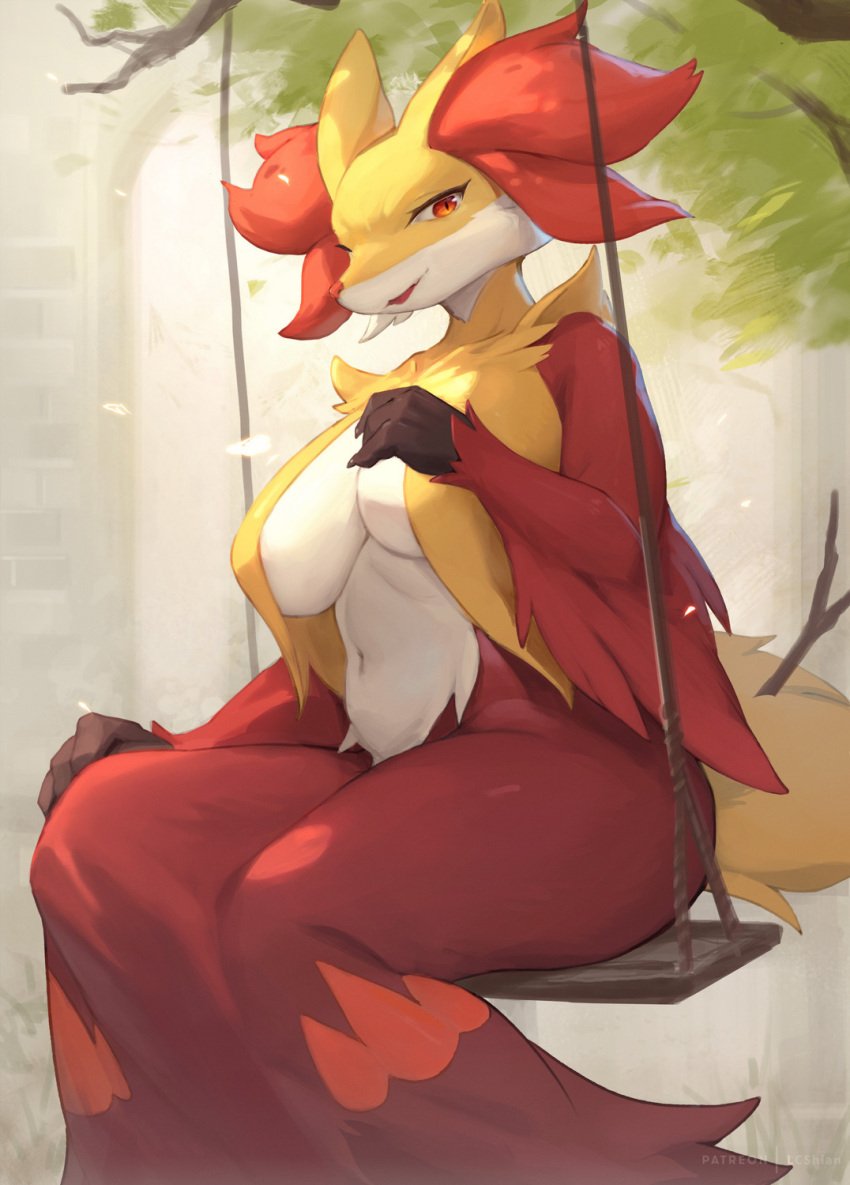 2023 anthro anthro_only big_breasts breasts canine claws cute_fang delphox female female_only fox fox_ears fox_girl fox_tail furry generation_6_pokemon grey_fur lcshian looking_at_viewer navel orange_eyes orange_fur pokémon_(species) pokemon pokemon_xy red_fur signature swings white_fur yellow_fur