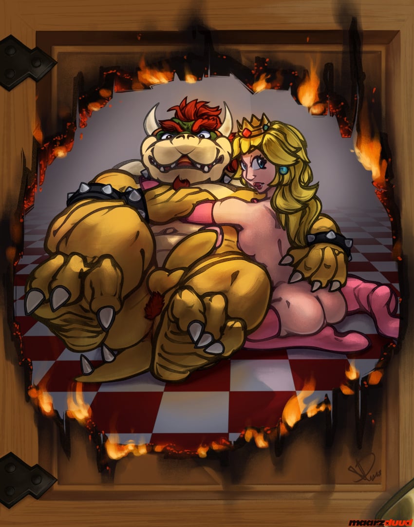 1boy 1girls anthro anus arm_warmers armwear ass balls ballsack barely_visible_breasts barely_visible_genitalia blonde_hair blue_eyes body_hair bowser breast_squish breasts butt_hair chubby_male circumcised clothing duo erection feet female fire genitals green_head hi_res horns human humanoid_penis infidelity koopa legs_up legwear long_hair maarzdud male male/female male_pubic_hair mammal mario_(series) masculine muscular nintendo nipples penis princess princess_peach pussy raised_foot red_hair royalty scalie scrotum side_boob sitting slightly_chubby smooth_penis spiked_tail spikes spikes_(anatomy) squish straight tail testicles thigh_highs yellow_skin