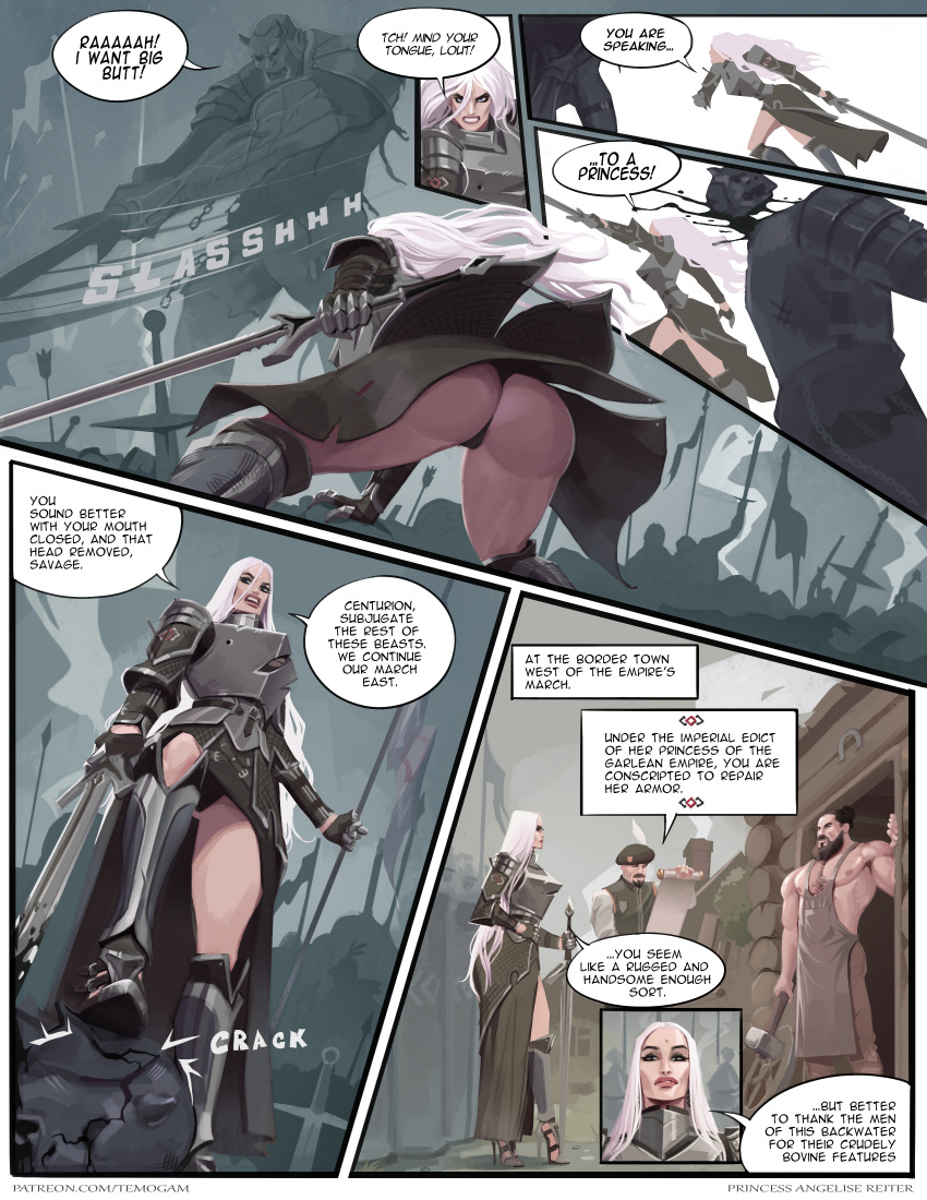 angelise_reiter big_ass big_breasts big_penis comic comic_page dialogue english_dialogue english_text final_fantasy final_fantasy_xiv medieval medieval_armour princess stiletto_heels straight tagme temogam very_high_heels white_hair