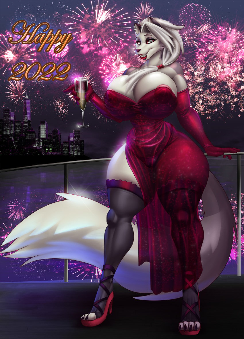 absurd_res alcohol ankle_strap_heels anthro areola areola_slip armwear beverage big_areola big_breasts big_nipples breasts camel_toe canid canid_demon canine champagne clothing demon dress ear_piercing elbow_gloves elegant exercise female fireworks fluffy fluffy_tail footwear gloves handwear hellhound helluva_boss hi_res high_heeled_sandals high_heels huge_breasts huge_thighs legwear looking_at_viewer loona_(helluva_boss) makeup mammal mrxrayfire new_year_2022 nipple_outline nipples panties piercing sandals small_waist smile solo stockings tail thick_thighs translucent translucent_clothing underwear wide_hips