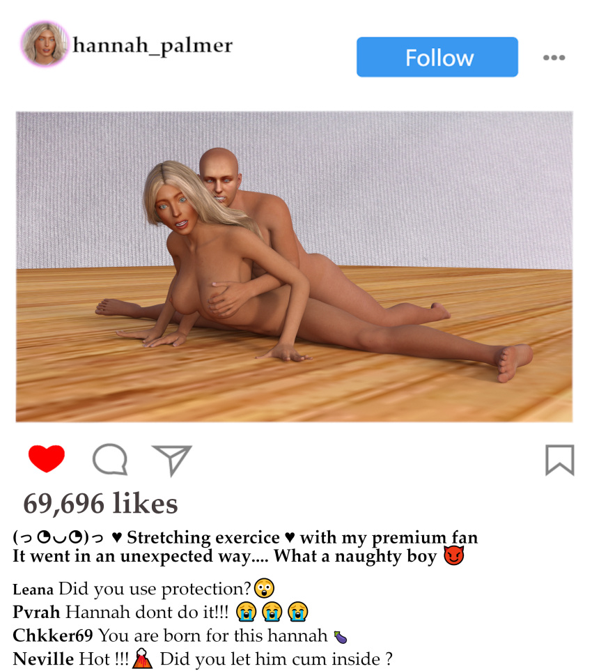 3d big_breasts blonde_hair erection exercise female_penetrated fit_female from_behind hannah_palmer holding_breast horny indoors instagram instagram_model jollybizz long_hair male model naked_female naked_male onlyfans penetration penis sex_from_behind slim_waist stretching sudden_insertion surprised surprised_expression tanned