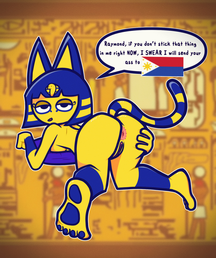 animal_crossing ankha ankha_(animal_crossing) annoyed anthro anus ass breasts covered_breasts domestic_cat english_text feet felid feline felis female funny genitals half-closed_eyes hi_res liquefiedram mammal meme narrowed_eyes nintendo paw_pose pawpads philippine_flag pillow pose presenting presenting_anus presenting_hindquarters pussy solo solo_focus speech_bubble spread_anus spread_butt spread_legs spreading tail text