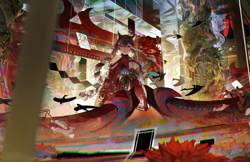 1girl animal_ears bangs bare_shoulders black_hair brown_hair closed_mouth female floral_print flower fox_ears fox_tail hair_flower hair_ornament holding holding_umbrella japanese_clothes kimono lantern long_hair long_sleeves looking_at_viewer looking_back momotexx_(vtuber) obi oriental_umbrella outdoors red_eyes red_kimono sash sky solo standing tail torii umbrella virtual_youtuber vyugen wide_sleeves wolf_ears wolf_girl wolf_tail