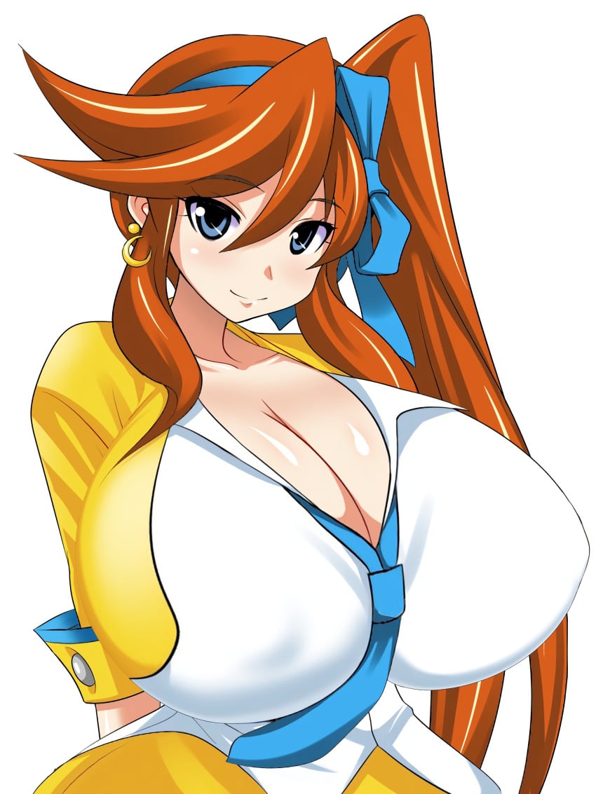 1girls anime_style asymmetrical_hair athena_cykes blue_eyes breast_expansion cleavage earrings female female_only gigantic_breasts gyakuten_saiban hair_ornament huge_breasts konno_tohiro nipple_bulge nipples orange_hair smile third-party_edit very_long_hair