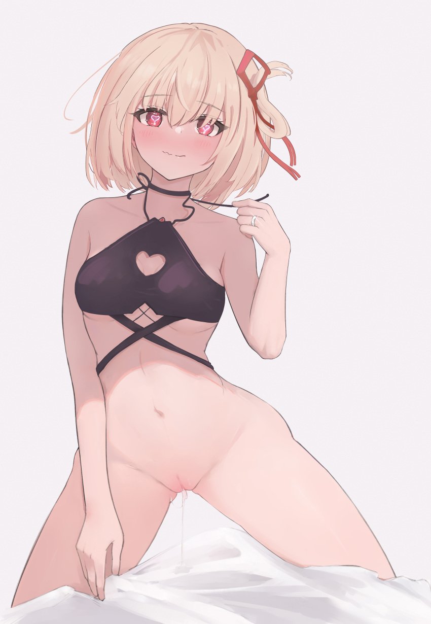 absurdres bangs bed bed_sheet bikini black_bikini blonde_hair blush bob_cut bottomless cameltoe cleavage_cutout cleft_of_venus clothing_cutout female hair_ribbon hairless_pussy heart highres jewelry kneeling labia labia_majora lycoris_recoil midriff mons_pubis navel nishikigi_chisato no_panties on_bed pure_white_a_type pussy pussy_juice pussy_juice_drip pussy_juice_string pussy_juice_trail red_eyes red_ribbon ribbon ring shaved_pussy short_hair simple_background spread_legs swimsuit symbol_in_eye thighs uncensored untying vulva wedding_ring white_background