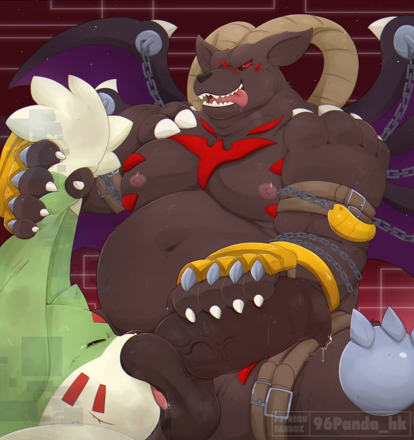 2023 96panda anthro balls bandai_namco belly belphemon belphemon_(rage_mode) black_body closed_eyes digimon digimon_(species) duo erection gargomon genitals hi_res kemono male moobs navel nipples overweight overweight_male penis seven_great_demon_lords tongue tongue_out