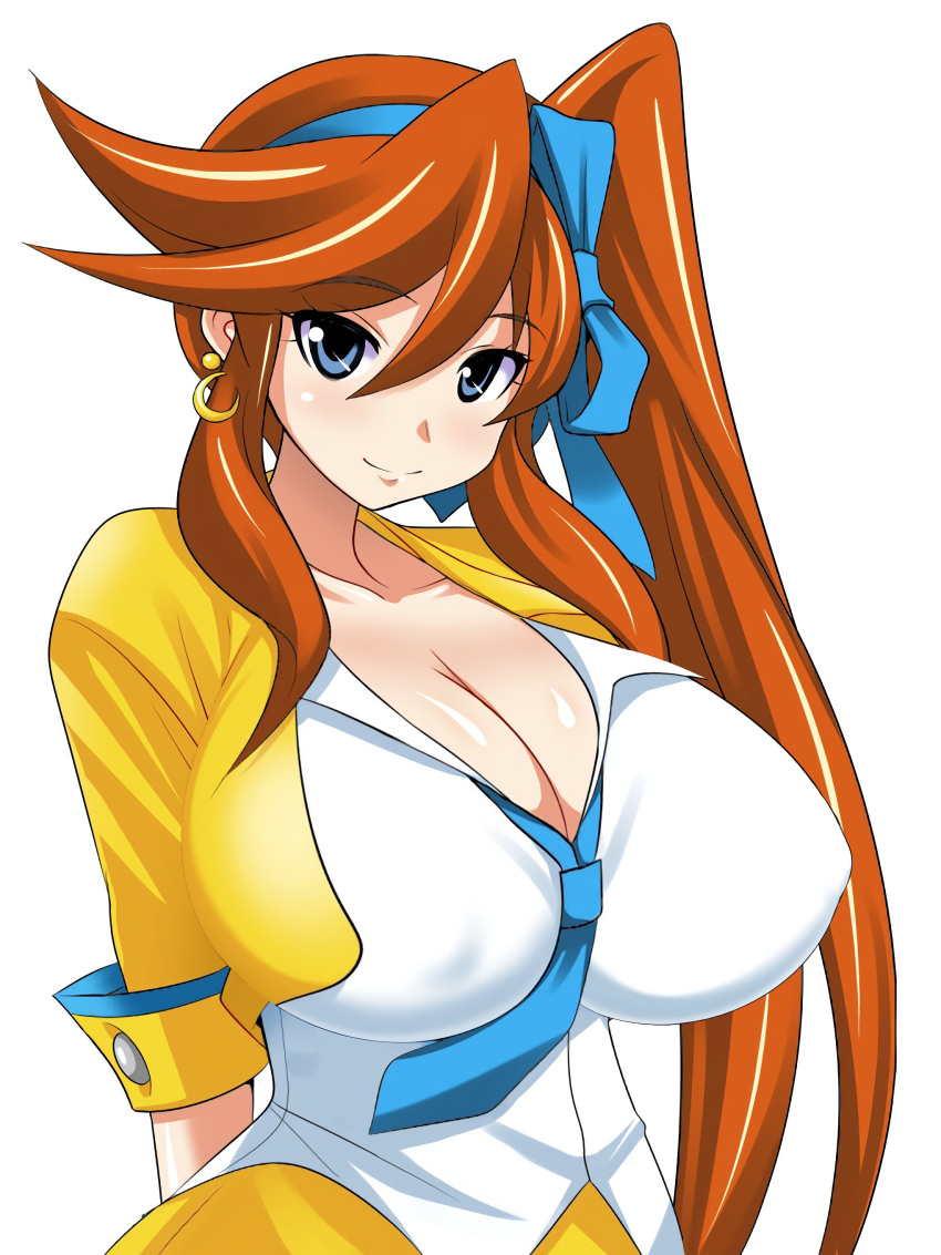 1girls anime_style asymmetrical_hair athena_cykes blue_eyes breast_expansion cleavage earrings female female_only gyakuten_saiban hair_ornament huge_breasts konno_tohiro nipple_bulge nipples orange_hair smile third-party_edit very_long_hair