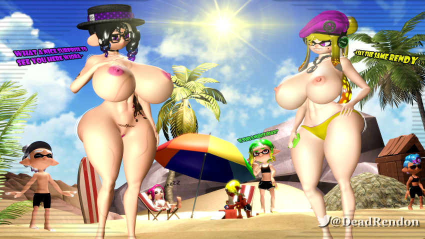 2girls 3d ass background_characters beach big_ass big_breasts bikini_bottom black_hair breasts breasts_out deadrendon female female_only glasses headgear headset huge_breasts inkling inkling_girl looking_at_another octoling octoling_girl public public_nudity questioning sand sfm source_filmmaker splatoon splatoon_3 sun surfboard tattoo tattoos tentacle_hair text umbrella watermark yellow_hair