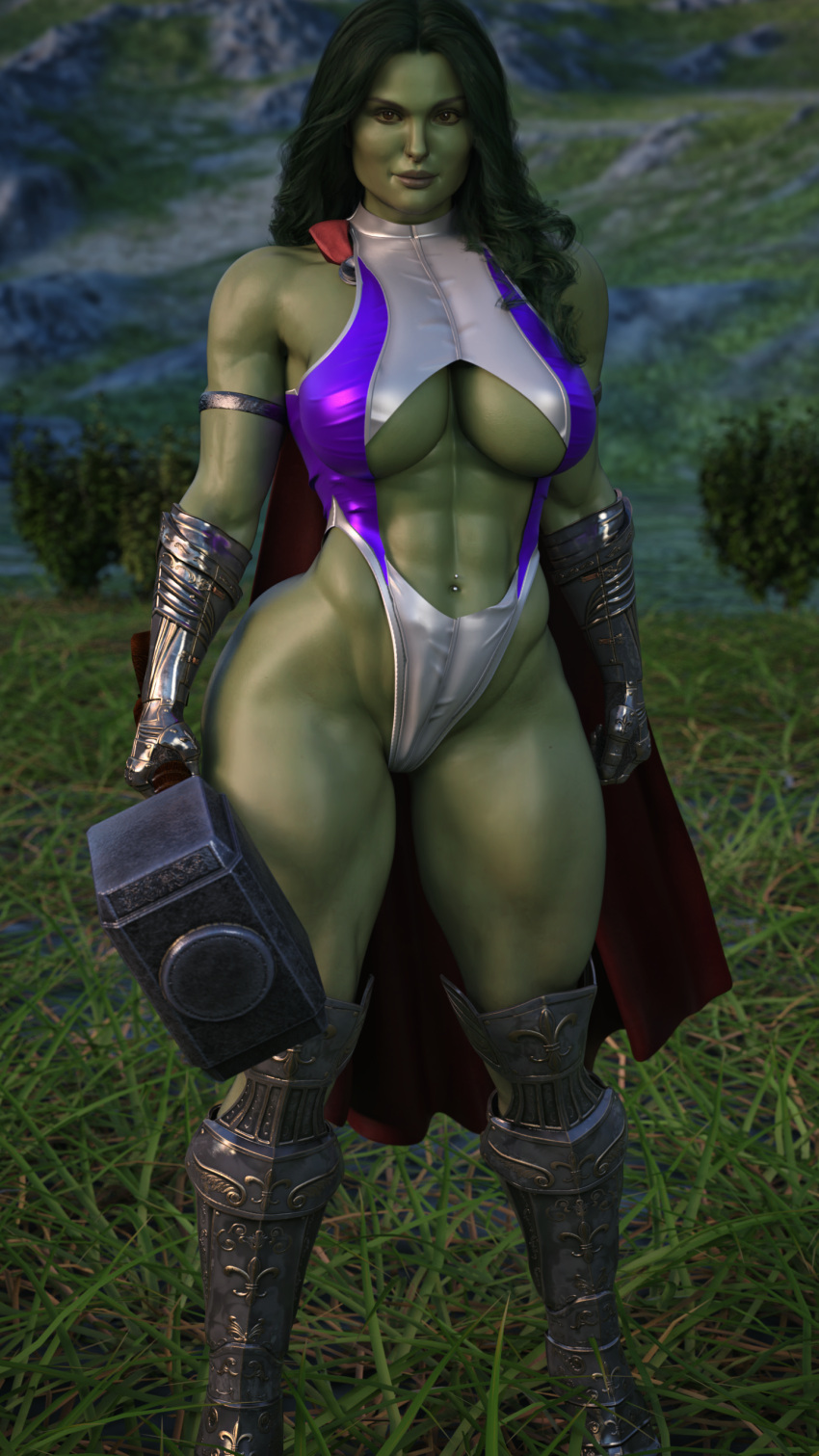 1girls 3d 3d_(artwork) abs athletic athletic_female big_breasts bikini_armor blonde_female breasts busty cape celebrity cga3d cosplay curvaceous curvy curvy_body curvy_female curvy_figure daz3d daz_studio erotichris female female_only fully_clothed fusion fusion_character goddess greaves green-skinned_female green_eyes green_hair green_skin hairy_pussy hammer high_heels hourglass_figure hulk_(series) jane_foster lady_thor large_breasts looking_at_viewer marvel marvel_cinematic_universe marvel_comics mjolnir muscular muscular_female natalie_portman navel_piercing pawg pierced_belly_button realistic realistic_textures revealing_clothes seductive seductive_look sensual she-hulk she-hulk_(cosplay) smug smug_expression solo solo_female thick thick_ass thick_thighs thor:_love_and_thunder thor_(series) voluptuous voluptuous_female wide_hips