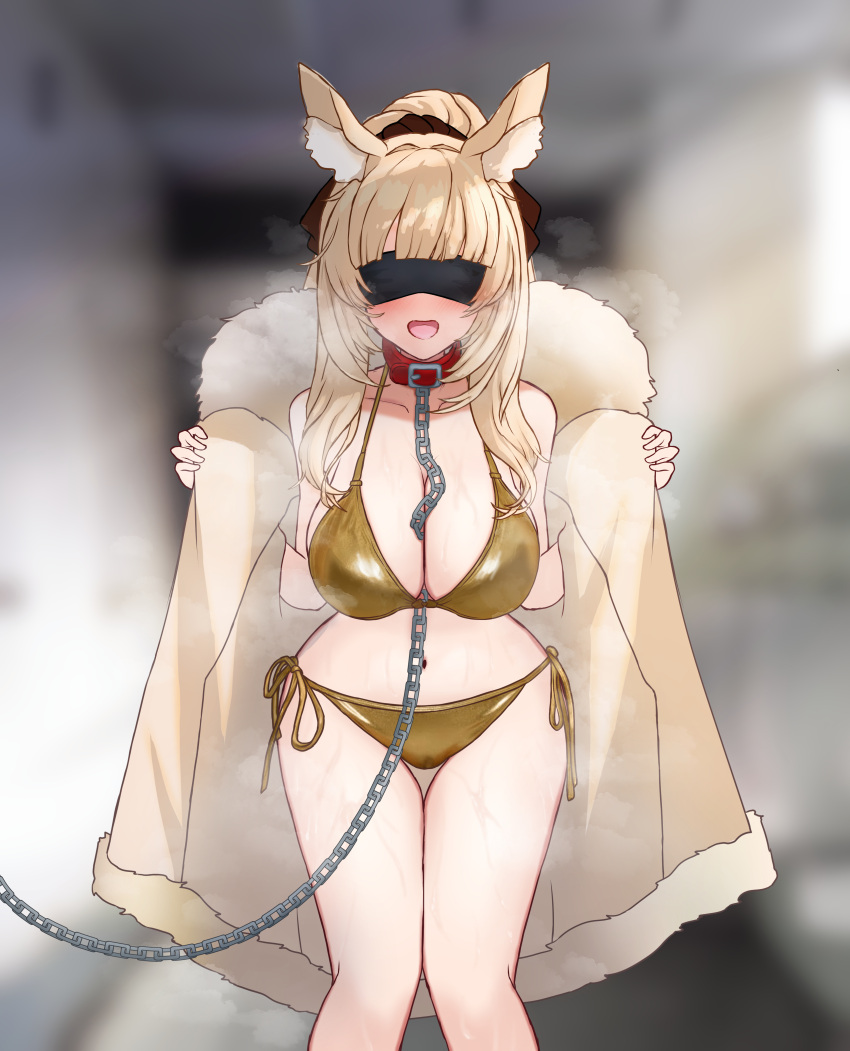 1girls arknights bikini blemishine_(arknights) blindfold blonde_hair bondage breasts brown_coat brown_ribbon chain_leash coat collar fur-trimmed_coat fur_trim gold_bikini gold_swimsuit hair_ribbon horse_ears large_breasts leash midriff navel open_coat ponytail side-tie_bikini side-tie_swimsuit sweating swimsuit 知恵しっぽ