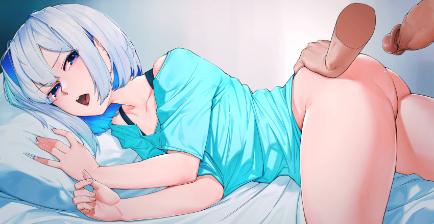 1boy absurdres amane_kanata ass ass_grab blue_eyes blue_hair blue_shirt collarbone disembodied_limb english_commentary erection female grabbing_another's_ass groping highres hololive imminent_penetration imminent_sex looking_at_viewer lying multicolored_hair on_side open_mouth penis pillow pink_hair rat_huang shirt short_hair short_sleeves solo_focus straight streaked_hair tongue uncensored virtual_youtuber