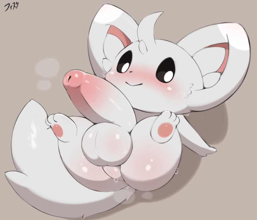 ass balls blush bodily_fluids fisuku generation_5_pokemon genital_fluids genitals looking_at_viewer male minccino nintendo no_humans penis pokemon pokemon_(species) precum simple_background solo