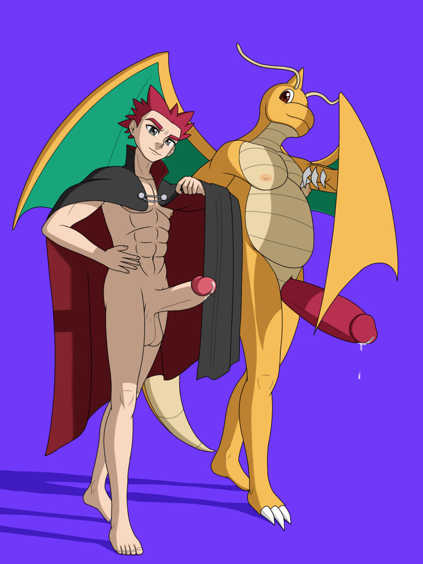 anthro anthrofied balls bodily_fluids cape claws clothing digital_media_(artwork) dragon dragonite duo dustin_c elite_four erection generation_1_pokemon genital_fluids genitals hair hi_res human humanoid_genitalia humanoid_penis lance_(pokemon) looking_at_viewer male mammal membrane_(anatomy) membranous_wings nintendo nipples nude orange_body penis pokemon pokemon_(species) pokemon_champion scalie simple_background smile wings