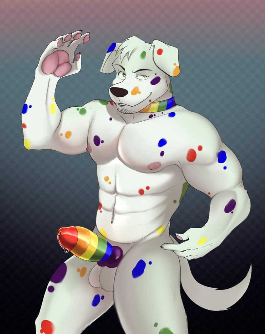 anthro balls bodily_fluids canid canine canis clothing collar dalmatian digital_media_(artwork) domestic_dog fur genital_fluids genitals green_eyes hi_res lgbt_pride looking_at_viewer male male_only mammal multicolored_penis nipples nude pawpads penis pink_pawpads pride_colors rainbow_collar rainbow_penis rainbow_spots sex simple_background skittles_the_dalmatian smile sodabae solo spots spotted_body spotted_fur white_body white_fur