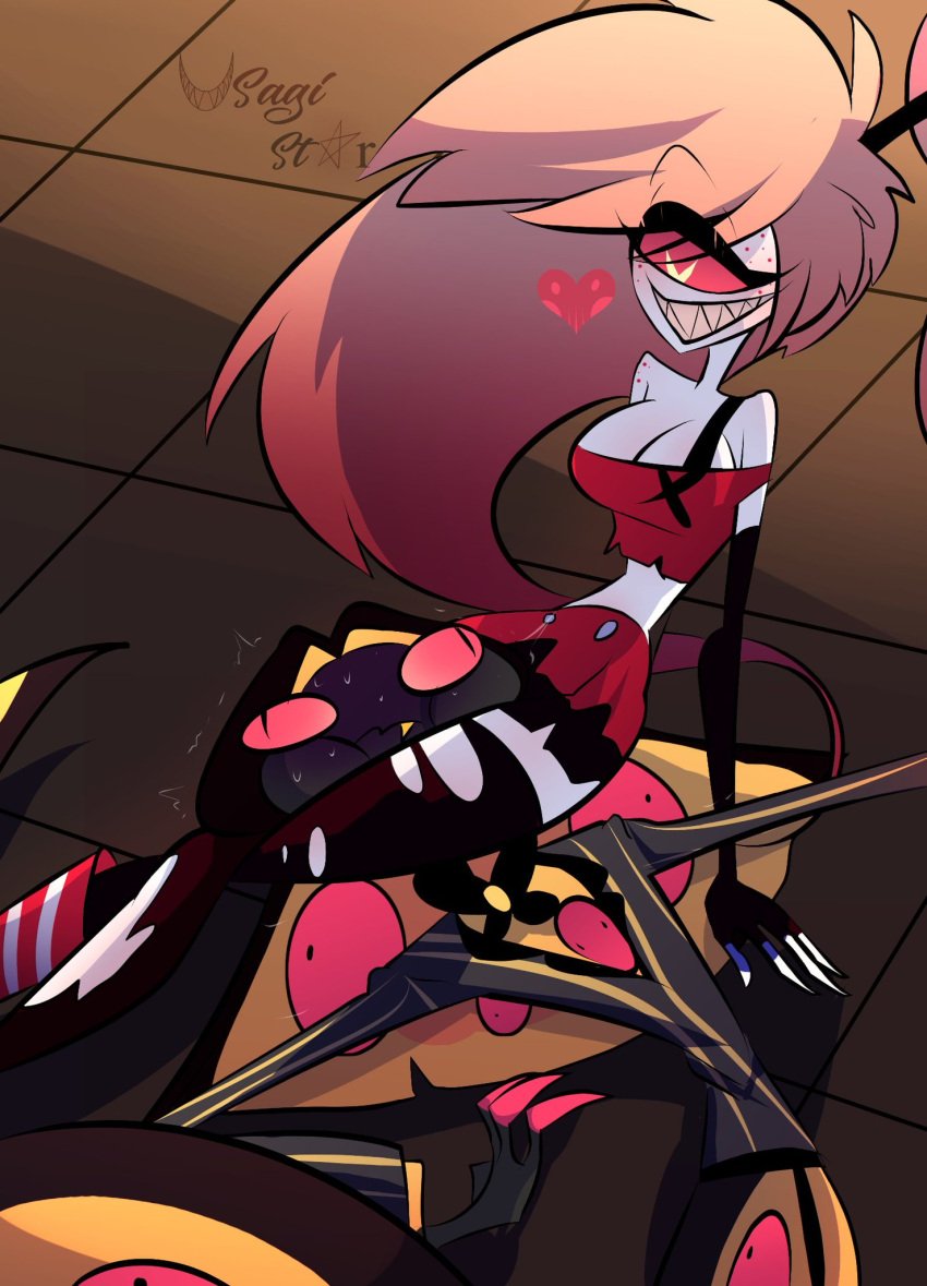 1boy 1boy1girl 1girls cherri_bomb_(hazbin_hotel) cherrisnake fully_clothed fully_clothed_female fully_clothed_male hazbin_hotel head_between_thighs heart sir_pentious_(hazbin_hotel) tagme usagi_star