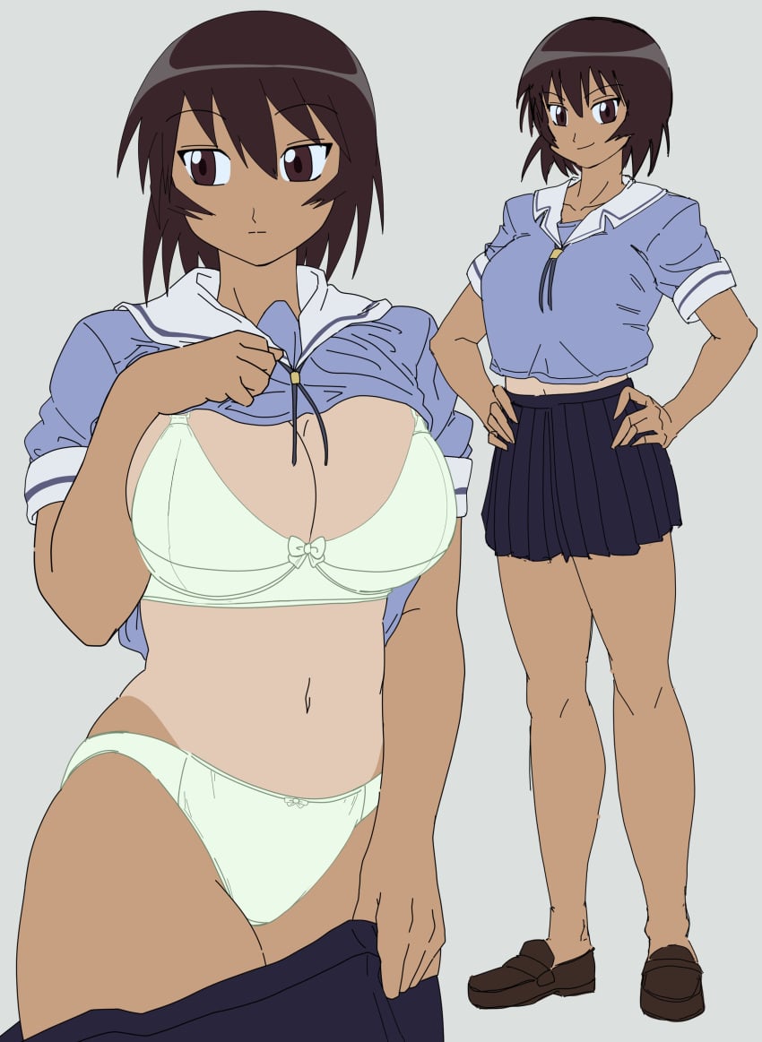 1girls azumanga_daiou belly belly_button blue_skirt bra breasts brown_eyes brown_hair clothed clothing female female_only hazama_null kagura_(azumanga_daiou) legs_together matching_underwear panties removing_clothing shirt shirt_lift short_hair skirt skirt_down solo solo_female tan tan_body tanline tanned tanned_female tanned_skin tomboy underwear undressing white_bra white_panties