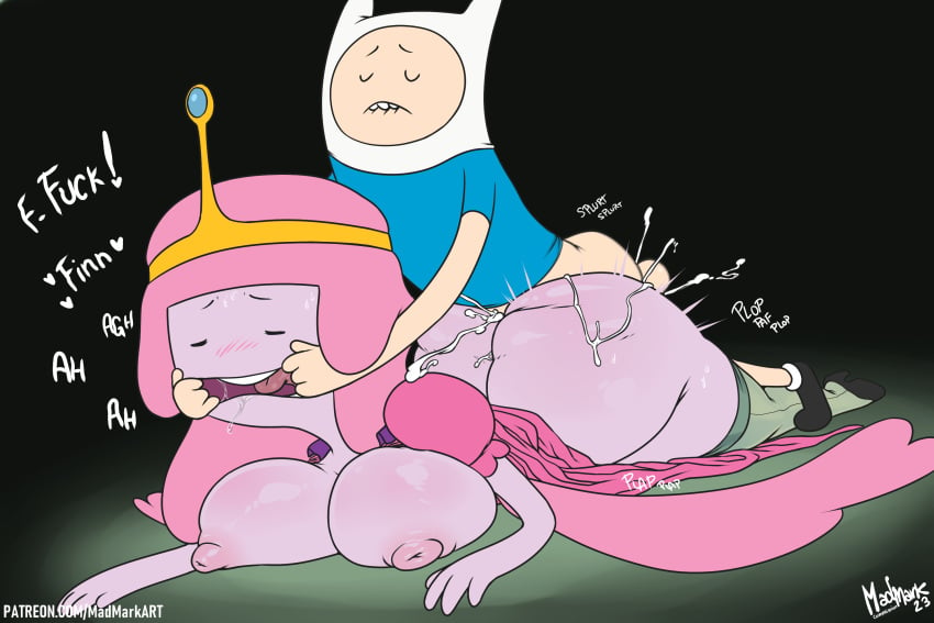 1boy 1girls 2d adventure_time ambiguous_penetration ass balls big_ass big_breasts biting_lip bottomless breasts breasts_out bubble_butt closed_eyes cum cum_inside dialogue dress dress_lift dress_up fat_ass female fingers_in_mouth finn_the_human hat huge_ass huge_breasts large_ass madmark male nipples no_panties pink-skinned_female pink_skin princess_bubblegum prone_bone sex shirt text thick_ass thick_thighs thighhighs