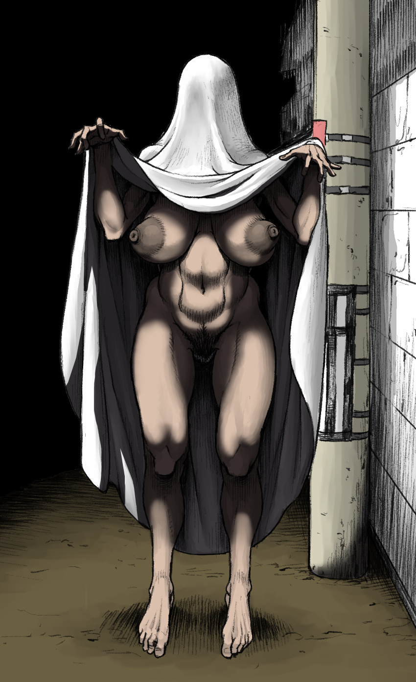 1girls bedsheet_ghost big_breasts colored covered_face creepy double_deck exhibitionism exposed_breasts exposed_pussy female ghost ghost_girl guityg long_breasts manga monster monster_girl pubic_hair shirt_lift