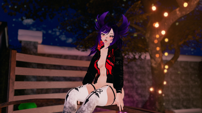 goofyvr heart-shaped_pupils jacket long_ears looking_at_viewer partially_clothed purple_hair red_eyes thighhighs tongue tongue_out vrchat