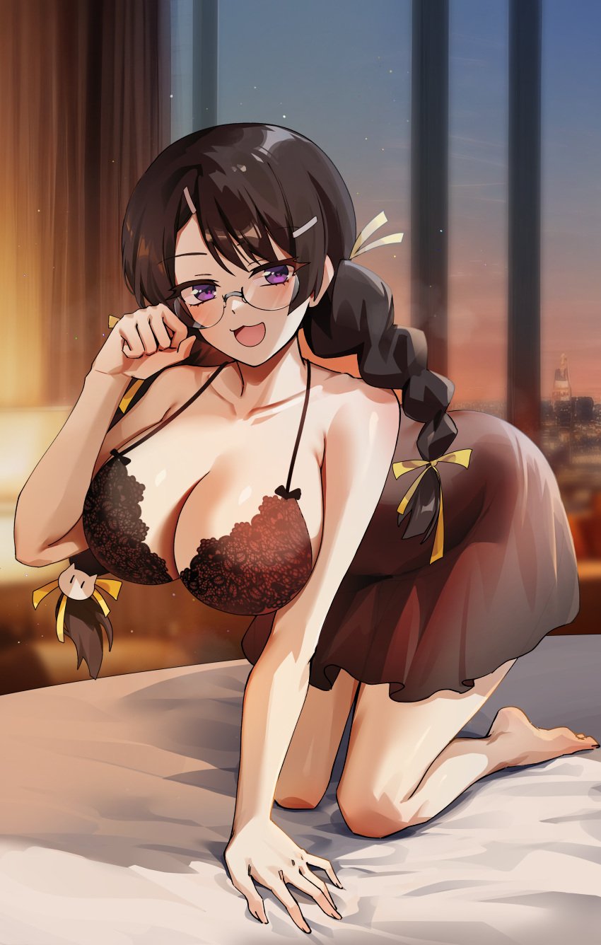 1girls :3 absurdres bakemonogatari bed bending_over big_breasts black_hair braided_twintails breasts female foxy_rain_(foxyreine) foxyrain_(foxyreine) foxyreine glasses hanekawa_tsubasa indoors kneeling light-skinned_female lingerie long_hair monogatari_(series) purple_hair tagme thick_thighs twin_braids twintails