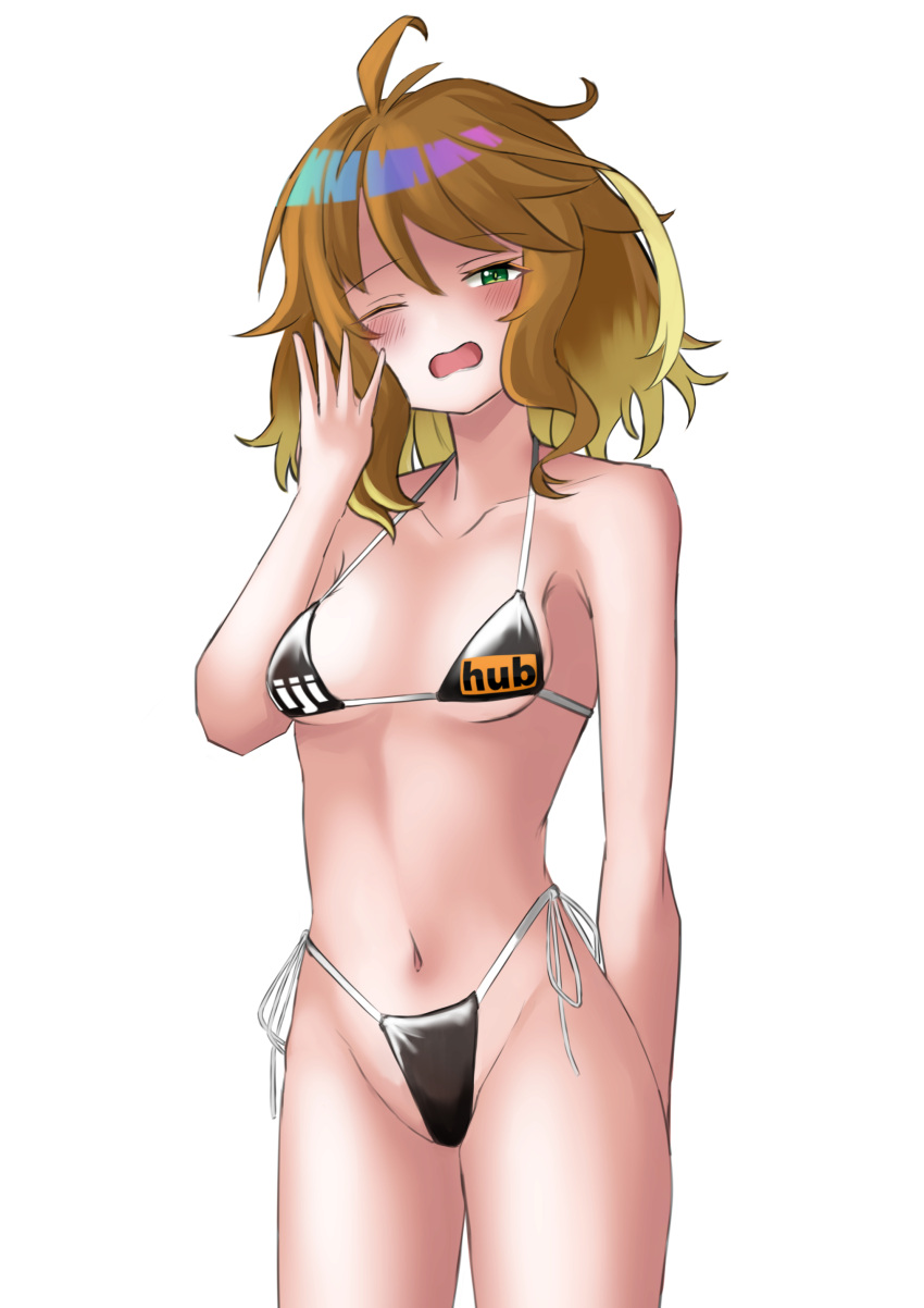 1girls amicia_michella bikini blush blushing_at_viewer breasts female female_only groin hand_behind_back looking_at_viewer medium_breasts messy_hair micro_bikini nijihub nijisanji nijisanji_indonesia one_arm_up one_eye_closed open_mouth pornhub_bra shinkardia short_hair side-tie_bikini simple_background sleepy standing striped_bikini swimsuit text thong thong_bikini virtual_youtuber white_background yellow_hair