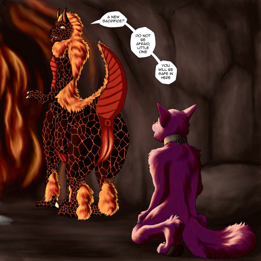 absurd_res anthro canid canine canis cave cavern collar demonic dragon dragon_taur duo female fire firelight genitals hi_res kneeling male male/female mammal pussy rowancrimes sacrifice scalie taur wolf