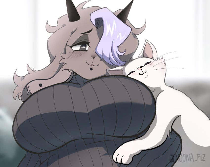 2023 big_breasts black_eyes blush breasts brown_fur caprine cat cute feline furry goat goat_ears goat_horns half-closed_eyes horns hug lilac_hair noona_(noona_plz) noona_plz piercing signature sweater whiskers white_fur wholesome