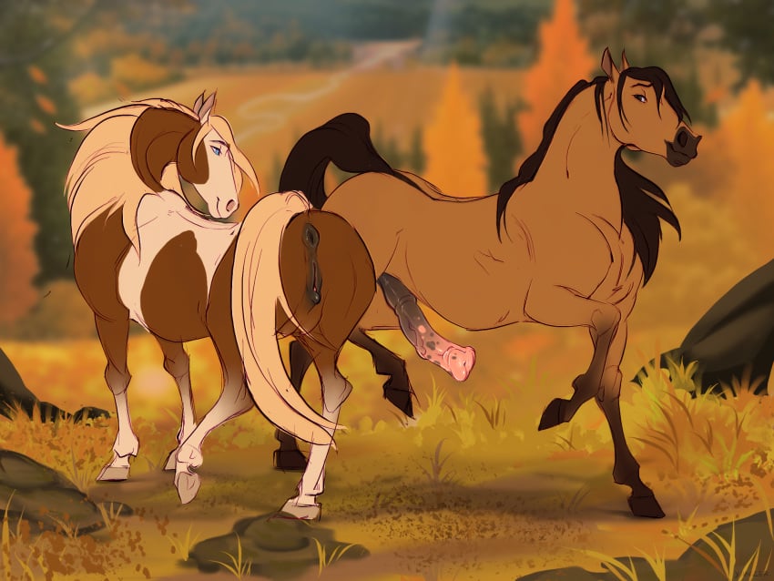 1boy 1girls anatomically_correct anatomically_correct_genitalia anatomically_correct_penis anatomically_correct_pussy animal_genitalia animal_penis animal_pussy anus ass big_penis blonde_hair brown_body brown_fur dreamworks duo equid equine equine_genitalia equine_penis equine_pussy erection female feral fur genitals hair hi_res hooves horse male male/female mammal outside penis pussy rain_(cimarron) smile spirit:_stallion_of_the_cimarron spirit_(cimarron) tan_body tan_fur yanzer