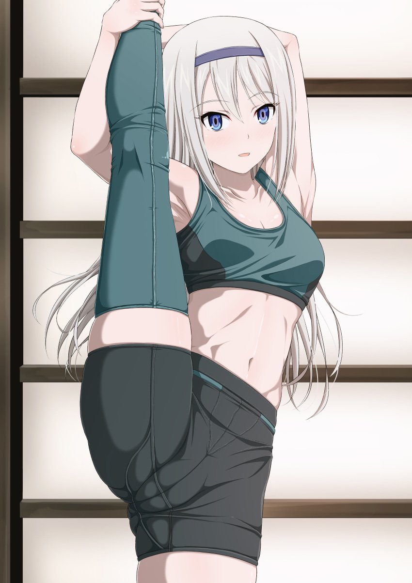 armpits blue_eyes cameltoe inoshira kaguya-sama_wa_kokurasetai_~tensai-tachi_no_renai_zunousen~ leggings midriff shirogane_kei solo spats standing_on_one_leg standing_split stretching tank_top white_hair