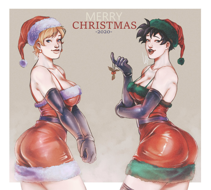 2020 2girls black_hair blonde blonde_hair cheri_ls christmas christmas_clothing christmas_hat christmas_headwear christmas_outfit clothed clothing dragon_ball dragon_ball_z dress erasa female female_only gloves handwear legwear looking_at_viewer multiple_girls no_sex tagme thighhighs tight_clothing videl